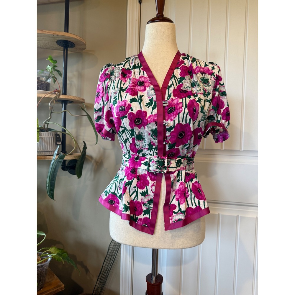 Lilli Ann Petite Vintage Floral Peplum Belted Short Sleeve V Neck‎ Blouse Top